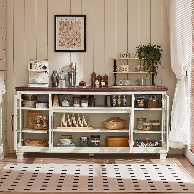 Large Sideboard Buffet Cabinet with Storage, Vintage White Farmhouse 60" Wide Credenza Accent Cabinets with Glass Doors & Wood Legs, Kitchen Coffee Bar Table for Dining Room, Living Room