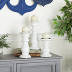 Deco 79 Mango Wood Turned Style Pillar Candle Holder, Set of 3 10", 8", 6"H, White