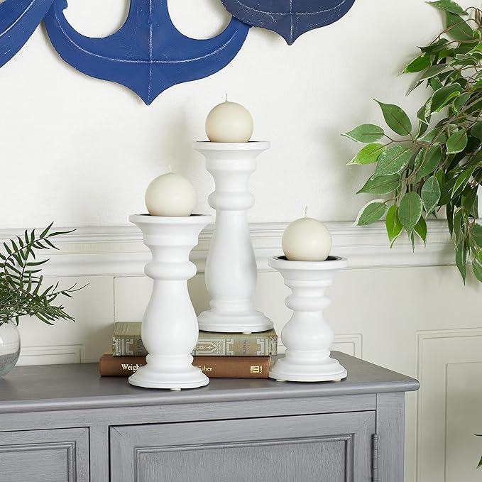 Deco 79 Mango Wood Turned Style Pillar Candle Holder, Set of 3 10", 8", 6"H, White