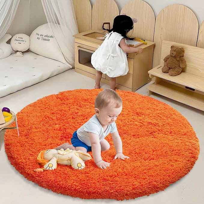 Orange Fluffy Round Rug,Soft Area Rugs for Girls Room,Shaggy Rugs 4'X4' for Living Room,Non Slip Circle Rug for Kids Bedroom,Shag Plush Nursery Carpets,Fuzzy Plush Rug for Dorm,Cute Room Decor Carpet