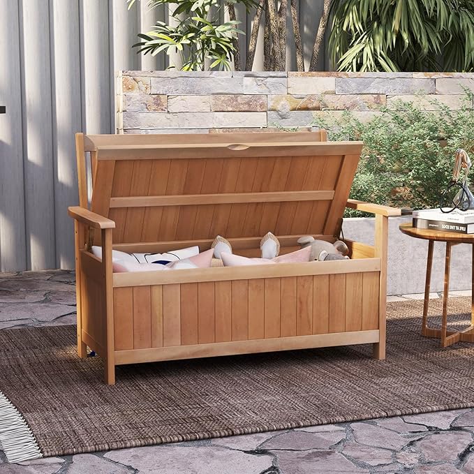 Tangkula 48 Inch Outdoor Wood Storage Bench Deck Box, Wooden Storage Loveseat with 34.2 Gal Inner Space, Entryway Bench Deck Box with Slatted Backrest, Storage Seat for Garden, Lawn, Balcony & Porch