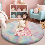 Rainbow Fluffy Round Area Rugs for Bedroom,4'X4'Shag Circle Area Rugs for Girls Room,Non Slip Fuzzy Plush Rug for Kids Room Living Room and Dorm Home Decor Rug