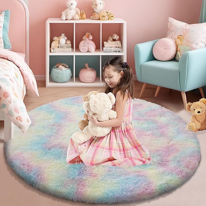 Rainbow Fluffy Round Area Rugs for Bedroom,3'X3'Shag Circle Area Rugs for Girls Room,Non Slip Fuzzy Plush Rug for Kids Room Living Room and Dorm Home Decor Rug
