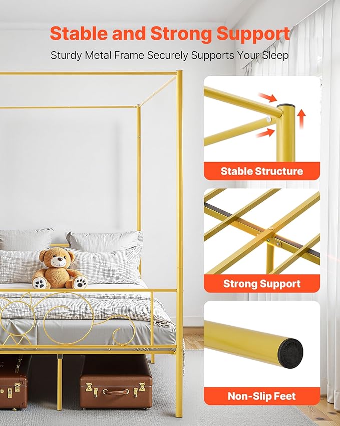 VEVOR Canopy Bed Frame Full Size, Metal Canopy Bed with Minimalist Headboard & Four Posters Design, Heavy Duty Steel Slats Support, Underbed Storage Space, No Box Spring Needed, Easy Assembly, Gold
