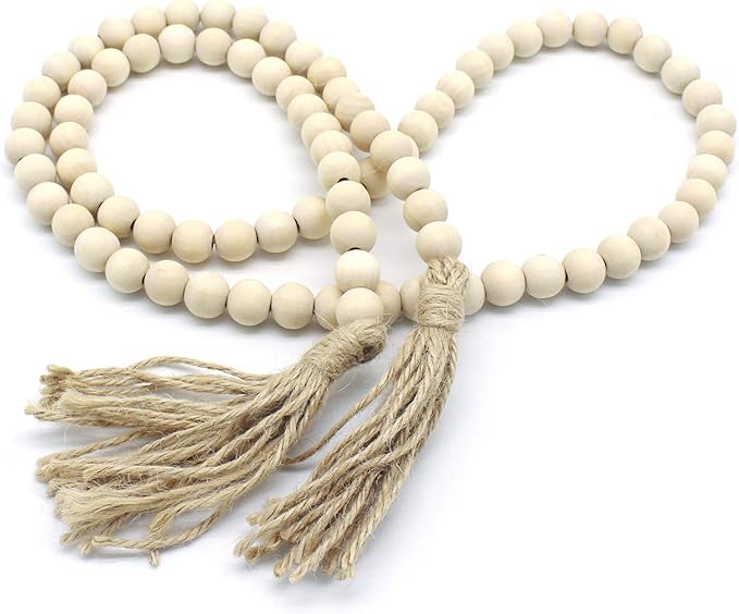 CVHOMEDECO. Wood Beads Garland with Tassels Farmhouse Rustic Wooden Prayer Bead String Wall Hanging Accent for Home Festival Decor. Natural