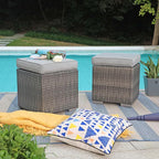 Patiorama 2 Pieces Assembled Outdoor Patio Ottoman, Indoor Outdoor All-Weather Grey Wicker Rattan Outdoor Footstool Footrest Seat with Light Grey Cushions, No Assembly Required