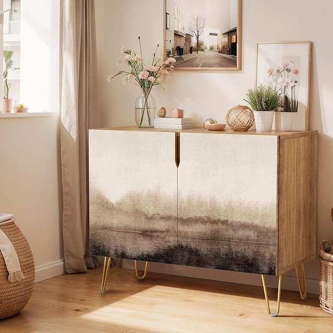 SIGNWIN Sideboard Buffet Cabinet, Kitchen Storage Cabinet with 2 Doors, Brown Pastel Watercolor Landscape, Cupboard Console Table for Dining Room - 35" L x 18" W x 29" H