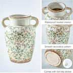 Enra Farmhouse Vintage vase with Handle,9.4 in Ceramic Chinoiserie Floral Vase,Green and Beige Decorative Flower vase,Large Rustic Vases for Home Decors, Living Room, Bookshelf, Office