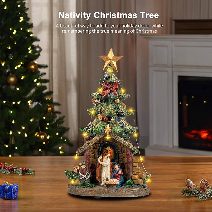 12'' Christmas Tree Lighted Manger Nativity Scene, Musical Holy Family Figurines LED Light Play Silent Night Music, Battery & USB Home Decor Gifts Festive Holiday Decorations