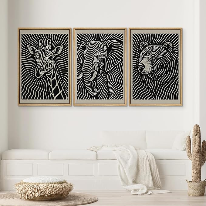 SIGNWIN Framed Canvas Print Wall Art Wildlife Portrait Giraffe, Elephant, and Bear Photography Modern Art Minimalist Black and White for Living Room, Bedroom, Office - 16"x24"x3 Natural