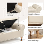 Storage Ottoman Bench for Bedroom, 51" Upholstered Bench with Rolled Arms and Vintage Rivets for Living Room, Full & Queen Leather Storage Bench with Button for Entryway, Beige+Nature Legs