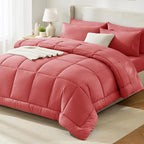 CozyLux Queen Comforter Set Coral, 7 Pieces Bed in a Bag, Coral Comforter Queen Size, All Season Bedding Sets with Stitch Quilted Comforter, Flat Sheet, Fitted Sheet, Pillowcases