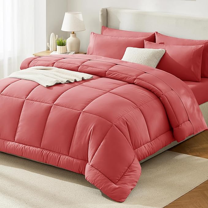 CozyLux Full Size Comforter Sets Coral, 7 Pieces Bed in a Bag, Coral Comforter Full Size, All Season Bedding Sets with Stitch Quilted Comforter, Flat Sheet, Fitted Sheet, Pillowcases