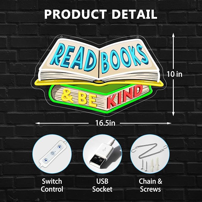 SELICOR Read Books & Be Kind Neon Signs for Wall Decor-Teacher Appreciation Gift,Adjustable LED Book Neon Light Up Sign for Reading Room Study Room Classroom Bookstore Library Museum Cafe Bedroom