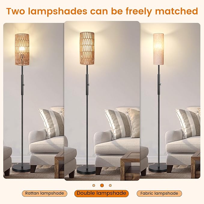 PARTPHONER Boho Floor Lamp for Living Room with 3 Color Temperatures LED Bulb, Standing Lamp Tall Lamp Reading for Bedroom, Office, Kids Room (9W LED Bulb, Rattan & Fabric Shades Included)