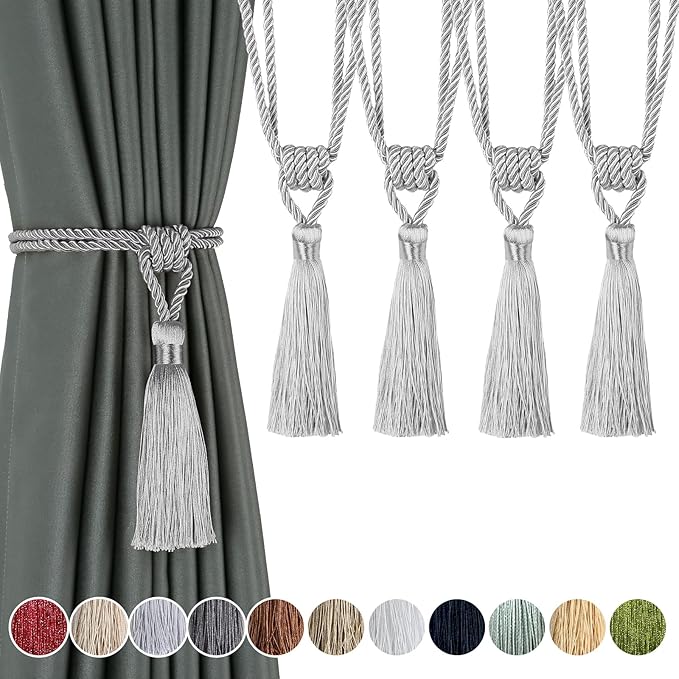 Fenghuangwu Curtain Tiebacks Tassel Tie-Backs, Rope Curtain tie Backs Handmade Curtain Holdbacks Made from Polyester (Silver, 4p)