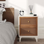 COZAYH Fully-Assembled 2-Drawer Woven Cane Front Accent Nightstand with Brass Knobs, Distressed White