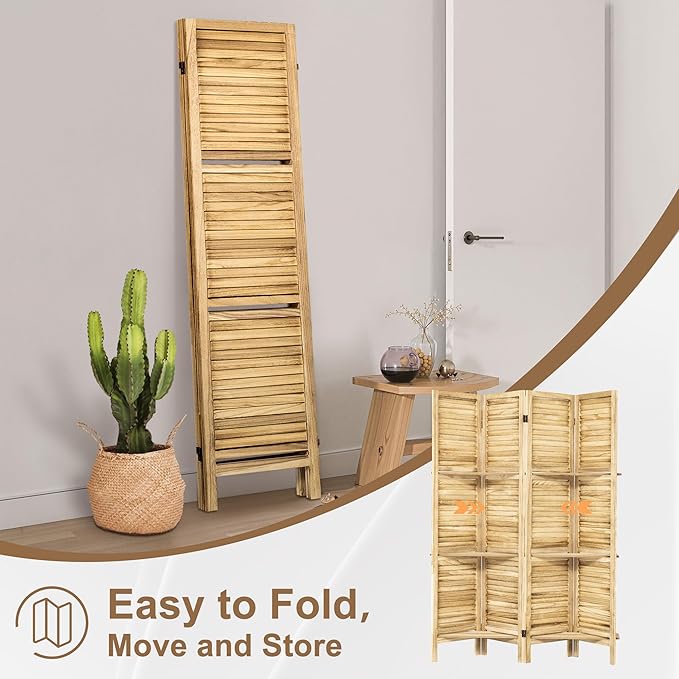 Osparple Room Divider with Shelves 4 Panel Wooden Folding Room Dividers Privacy Screen Wall Divider for Room Separation for Office and Apartment, Natural