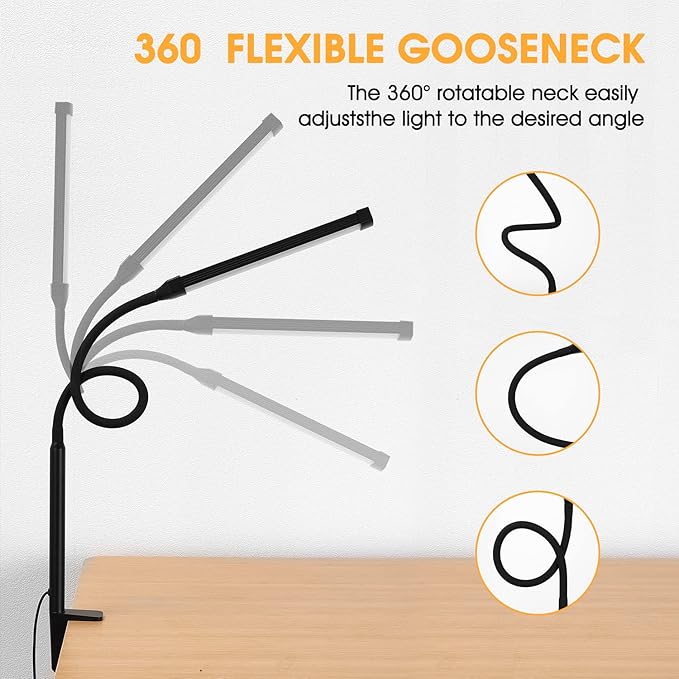 LED Desk Lamp with Clamp, Eye-Caring Clip on Lights for Home Office, 3 Modes 10 Brightness, Long Flexible Gooseneck, Metal, Swing Arm Architect Task Table Lamps with USB Adapter, Black