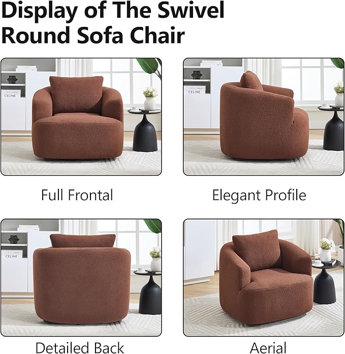 Swivel Accent Chair,360° Rotating Barrel Chair,Teddy Fleece High-Resilience Sponge Single Sofa, Easy Assembly for Living Room, Bedroom, Apartment Brown