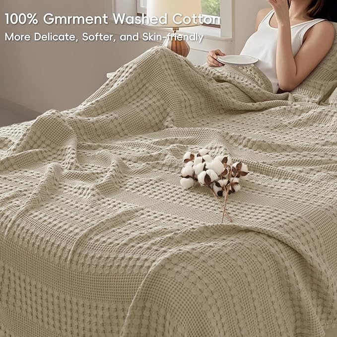 PHF 100% Cotton Waffle Blanket Oversized King 120"x120", Lightweight Breathable Extra Large 10'x10' Summer Blankets for Bed, Giant Big Luxury Aesthetic Woven Bedding for Home Decor, Khaki