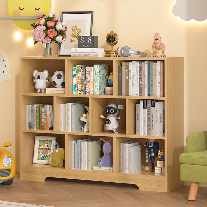 Book Shelf Set of 2, 10 Cubes Storage Organizer, 3-Tier Open Shelf Wooden Bookcase, Freestanding Wooden Bookshelf Cube Shelf for Bedroom, Living Room, Home Office