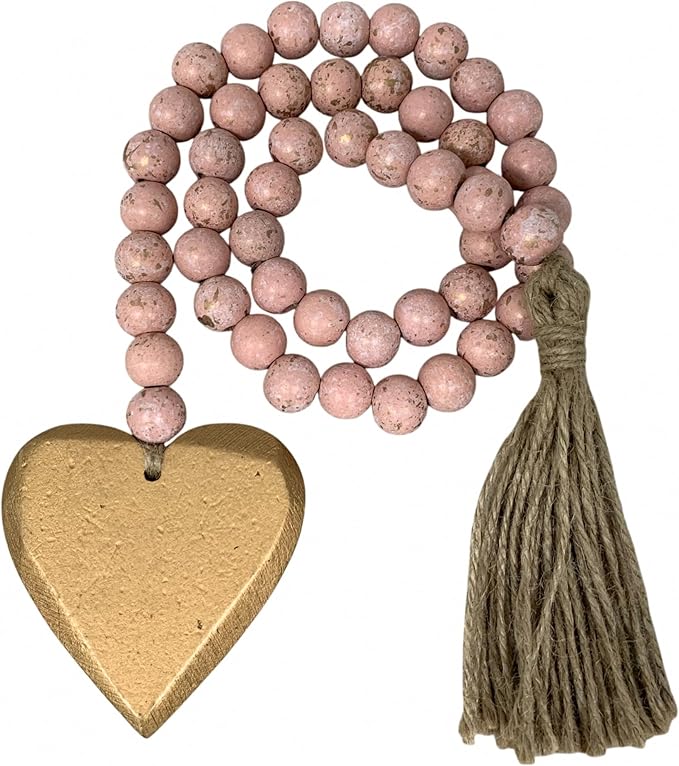 Fenisam 40" Handmade Farmhouse Bead Garland Wood with Tassel, Boho Chic Decorative String Beads Home Décor, Table Tiered Tray Country Wooden Accents (Rose Dawn Gold, Small)