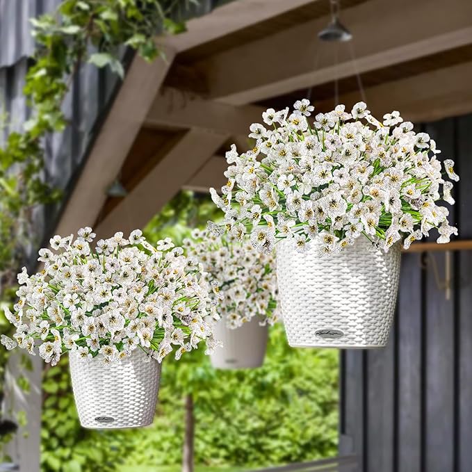 Krissing 48 Bundles Outdoor Artificial Flowers UV Resistant Fake Silk Flowers Faux Plastic Plants Outside Garden Porch Window Box Summer Decoration (White)