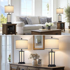 27in Tall Farmhouse Table Lamp Set of 2 with USB C+A & Outlet,Black Industrial End Table Lamp for Living Room,Vintage Rustic Bedside Lamps with Night Light for Bedroom Nightstand,Black