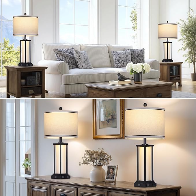 27in Tall Farmhouse Table Lamp Set of 2 with USB C+A & Outlet,Black Industrial End Table Lamp for Living Room,Vintage Rustic Bedside Lamps with Night Light for Bedroom Nightstand,Black