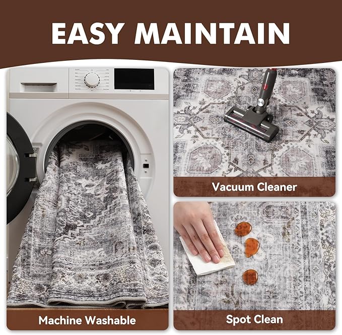 9x12 Area Rugs for Living Room Large Washable Area Rug-Carpet for Bedroom Dining Room Office Vintage Oriental Medallion Non Slip Soft Rug Grey