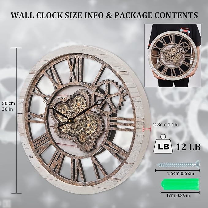 HOIBAI Large Wall Clock, Wall Clocks for Living Room Decor 20 Inch Farmhouse Vintage Rustic Kitchen Wall Decor Vintage Roman Oversized Wall Clock for Home Bedroom House Office, Moving Gears Clock