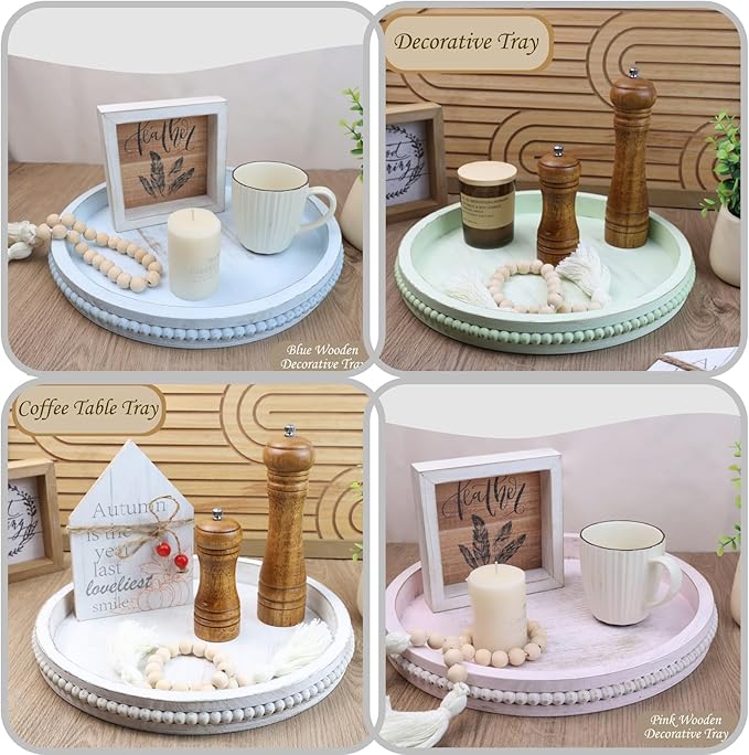 Round Wood Serving Tray with Beads, White Washed Wooden Decorative Tray for Entertaining, Decoration, and Gifting