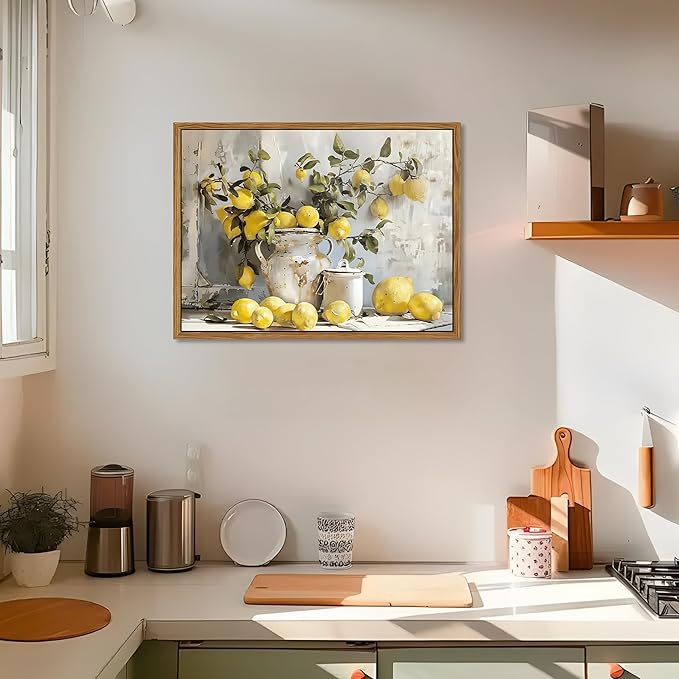 Framed Lemon Kitchen Wall Decor for Dining Room - Vintage Mustard French's Yellow Lemon Kitchen Wall Art, Rustic Oil Paintings Posters Prints for Bathroom Living Room Bedroom 8x10 inch