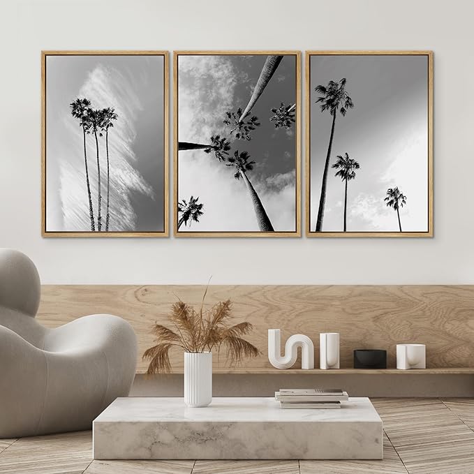 SIGNWIN 3 Piece Framed Canvas Wall Art Black and White Palm Tree Canvas Prints Home Artwork Decoration for Living Room,Bedroom - 24"x36"x3 Natural