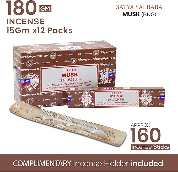 Satya Musk Incense Sticks, Satya Bng Insenses 15gmx12 Pack with Raajsee Incense Holder Bundle, Satya Nagchampa Natural Incense
