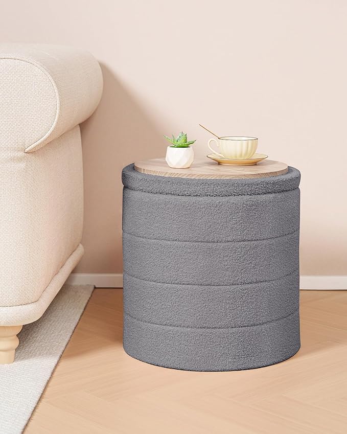 B FSOBEIIALEO Ottoman with Stroage, Round Sherpa Storage Ottoman Stool, Boucle Foot Rest 16.9"x16.9"x17.7"（Grey