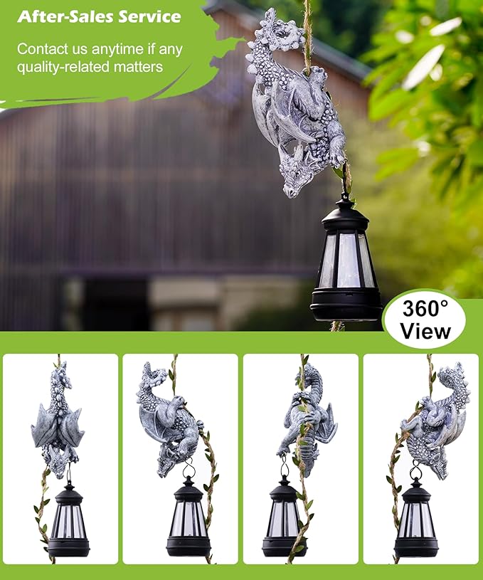 Solar Dragon Figurine Garden Statue: Outdoor Hanging Climbing Ornament with Lantern for Yard Art Lawn Balcony Patio Porch Decor- Birthday Gifts for Mom Women Father