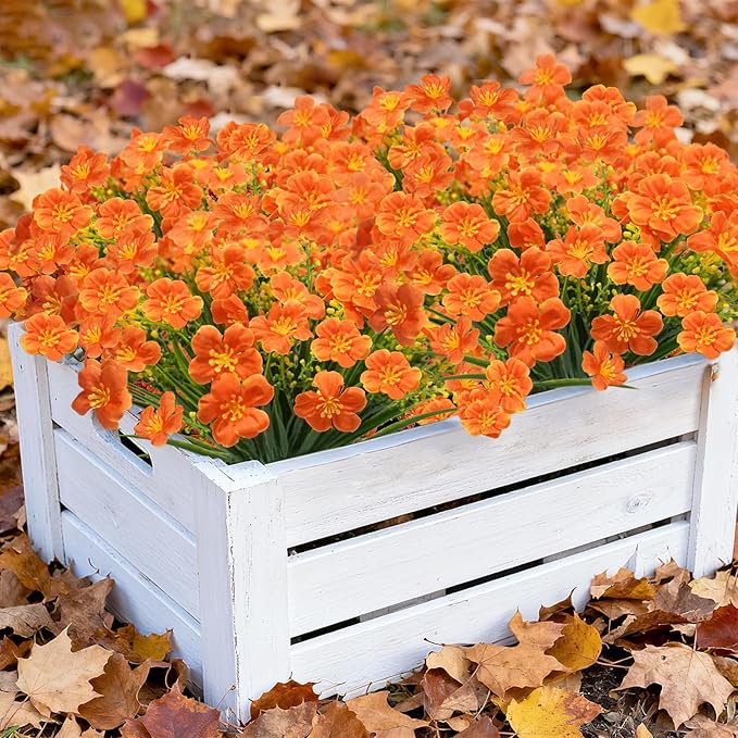 Krissing 8 Pcs Fall Artificial Outdoors Flowers,UV Resistant Fake Fall Plastic Flowers Fuax Fall Shrubs for Outdoors Autumn Home Garden Porch Window Box Thanksgiving Fall Outdoor Decor (Orange)