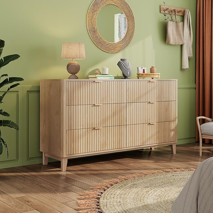 WLIVE Fluted Dresser for Bedroom with 6 Drawers, 54" Wide Wood Dresser with Metal Handles, TV Stand for 65 inch TV, Mid Century Modern Chest of Drawers for Living Room, Hallway, Closet, Natural Oak