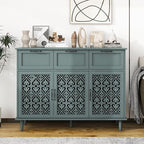 Sideboard Buffet Cabinet with Storage - Accent Storage Cabinet with Hollow Carved Pattern, Modern 3 Door 3 Drawer Cabinet, Farmhouse Wood Credenza for Living Room, Dining Room (Green)