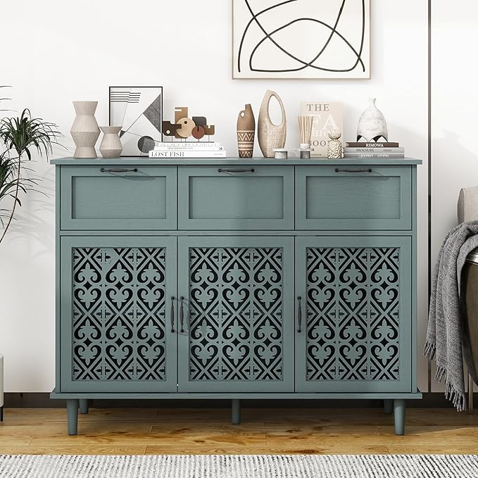 Sideboard Buffet Cabinet with Storage - Accent Storage Cabinet with Hollow Carved Pattern, Modern 3 Door 3 Drawer Cabinet, Farmhouse Wood Credenza for Living Room, Dining Room (Green)