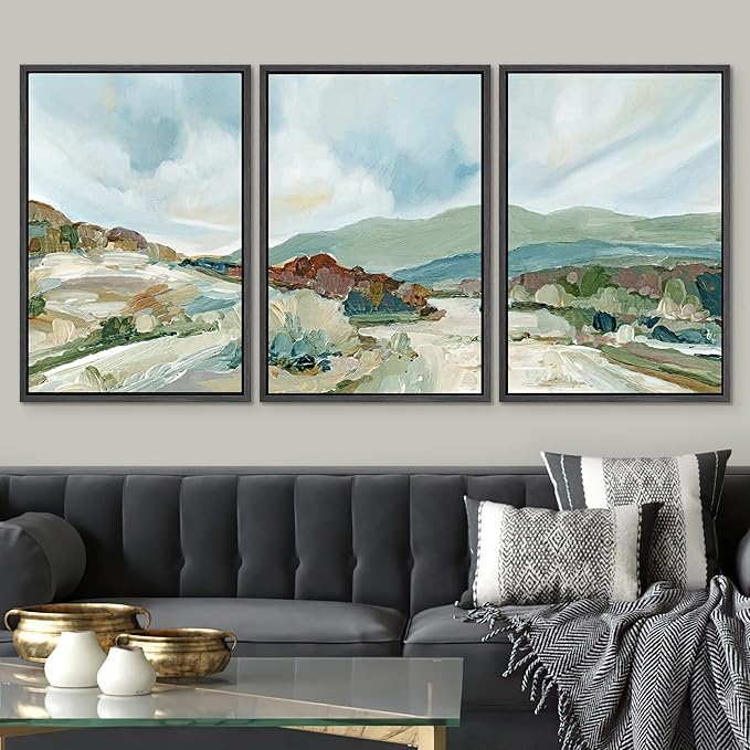 SIGNWIN Framed Canvas Print Wall Art Set Pastel Watercolor Blue Sky Mountain Range Landscape Nature Wilderness Illustrations Modern Art Decorative Scenic Relax/Calm for Bedroom - 24"x36"x3 Black