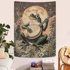 Lunerfex Moonlit Banjo Frog Wall Tapestry, Whimsical Amphibian Musician Tapestries for Room Decor, Folk Art Tapestry 36L x 48W