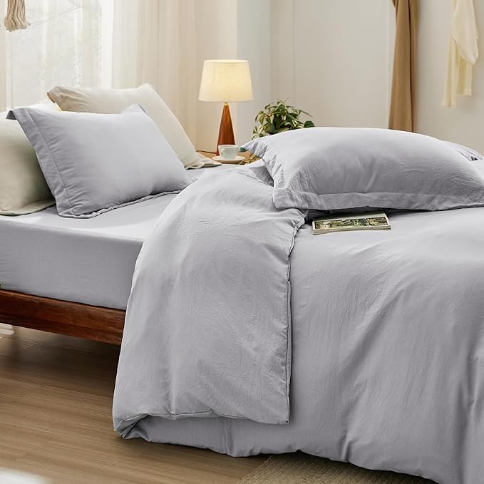 Bedsure Duvet Cover King Size with Fitted Sheet - 4 Pieces Prewashed Cotton-Like Extra Soft Bedding Set, Includes 1 Duvet Cover 104x90 Inches, 2 Pillow Shams, 1 Fitted Sheet, Light Grey