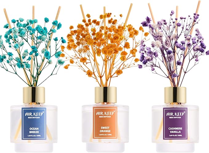Airkeep Reed Diffuser Set of 3, Ocean Breeze Sweet Orange Cashmere Vanilla Oil Reed Diffusers for Bedroom Living Room Office Aromatherapy Oil Reed Diffuser for Gift 50ml x 3
