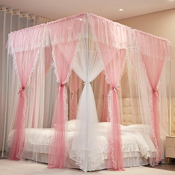 4 Corners Post Princess Curtains Bed Canopy for Girls 8 Panels Curtain- Double Layer Sheer Mesh Canopies Drapes Girls Room Decor (8P-Pink/White, 4P(43"x82") W+4P(43"x82") L/(King))