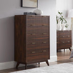 T4TREAM Fluted 5 Drawers Dresser, 48" Tall Modern Chest of Drawers, Curved Profile Design, Wood Drawer Organizer for Bedroom, Living Room, Hallway, Entryway, Dark Walnut