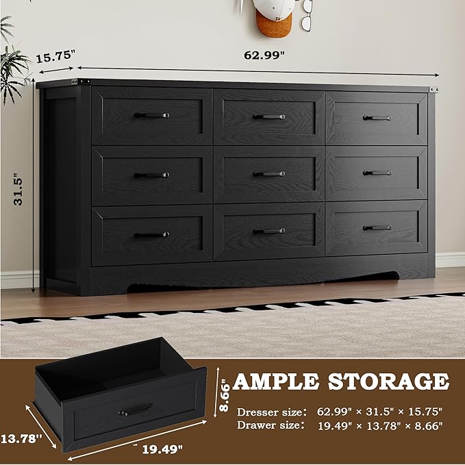 9-Drawer Dresser for Bedroom, Modern Wooden Chest of Drawers with Metal Handles, Anti-Tipping Design, Sturdy and Stable Storage Organizer for Living Room, Entryway, Home Office