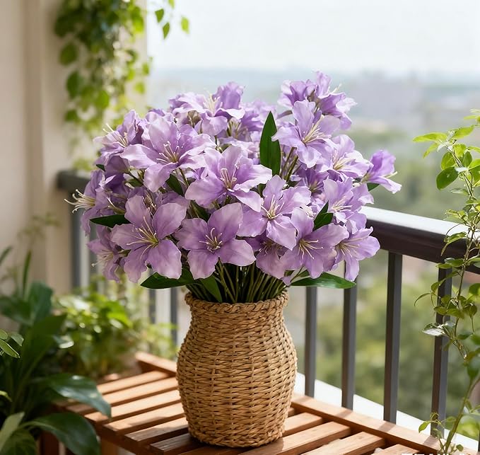 10-Bud Artificial Lily Flowers, 4 Pcs Fake Outdoor Flowers, UV Resistant Faux Flowers for Outdoor Planters, Silk Flowers for Wedding Decoration (Purple)